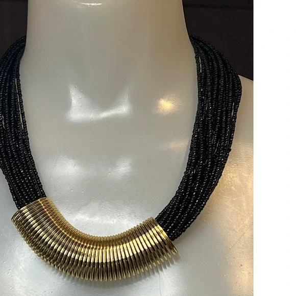 Charming Charlie Gold Accent Black Seed Bead Strand Necklace Statement Elegant - Picture 2 of 4